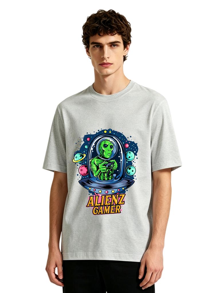 Mens Alien Gamer Ufo Graphic Tshirt Retro Space Print Casual Short Sleeve White Cotton Tee
