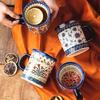 Bohemian Floral Ceramic Mug, Vintage Style Red Blue Flower Coffee Cup for Home & Gift