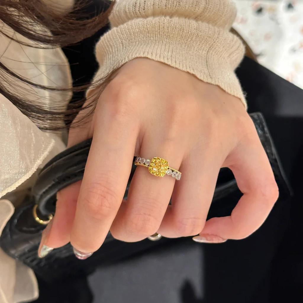 Yellow Diamond Sugar Cube Ring, Female High-End Light Luxury Zircon Plant System, Opening Adjustable Diamond Ring