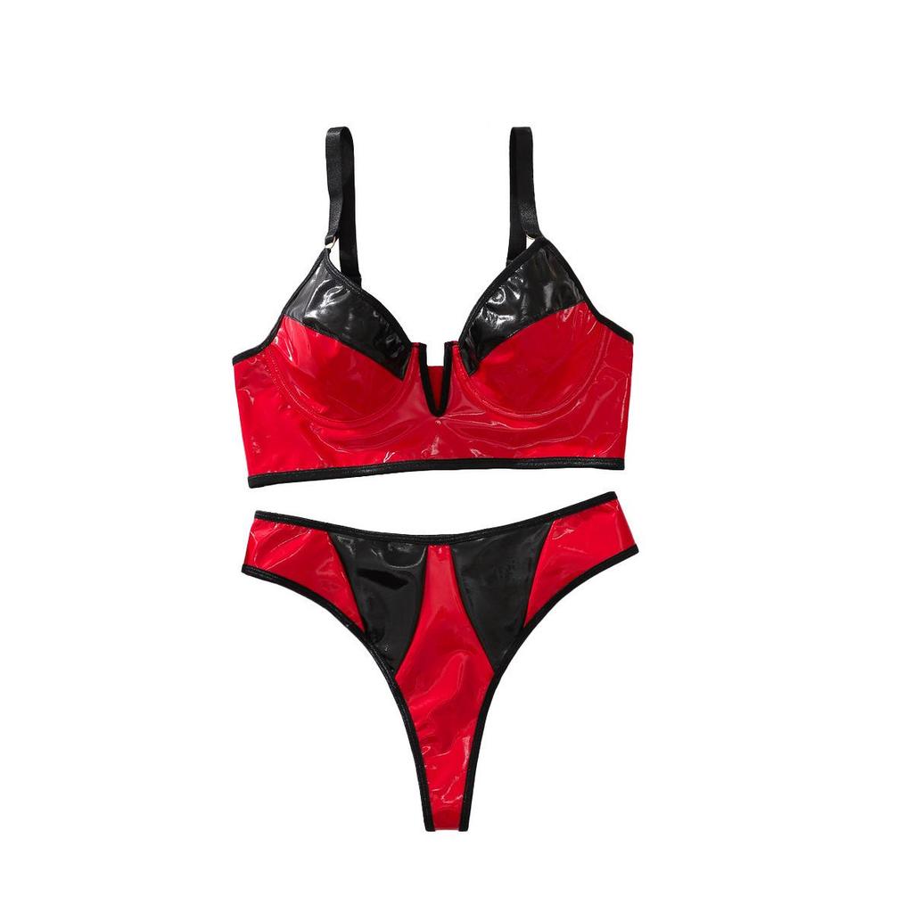2026 Stylish Color-Blocked PU Leather Slimming Shaping Underwear Set
