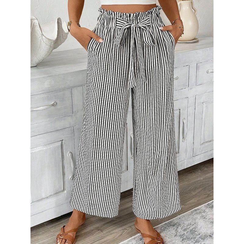 American Shiying Stripe Print High Waist Straight Pants Women 2025 Summer New Loose Lace-up Casual Pants Women