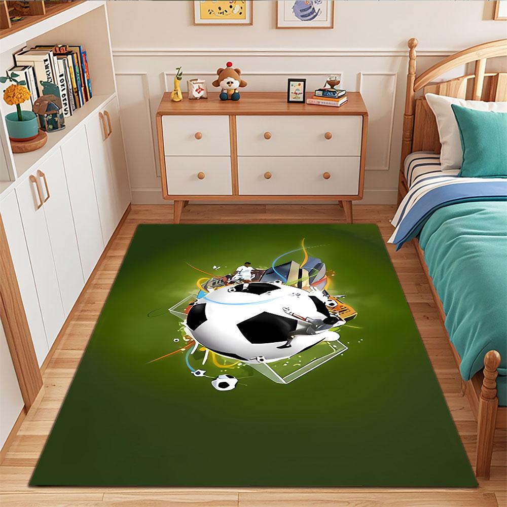 "Soccer World Art on Green Background" Patterned carpet, suitable as a non slip play mat for the living room and bedroom sofa