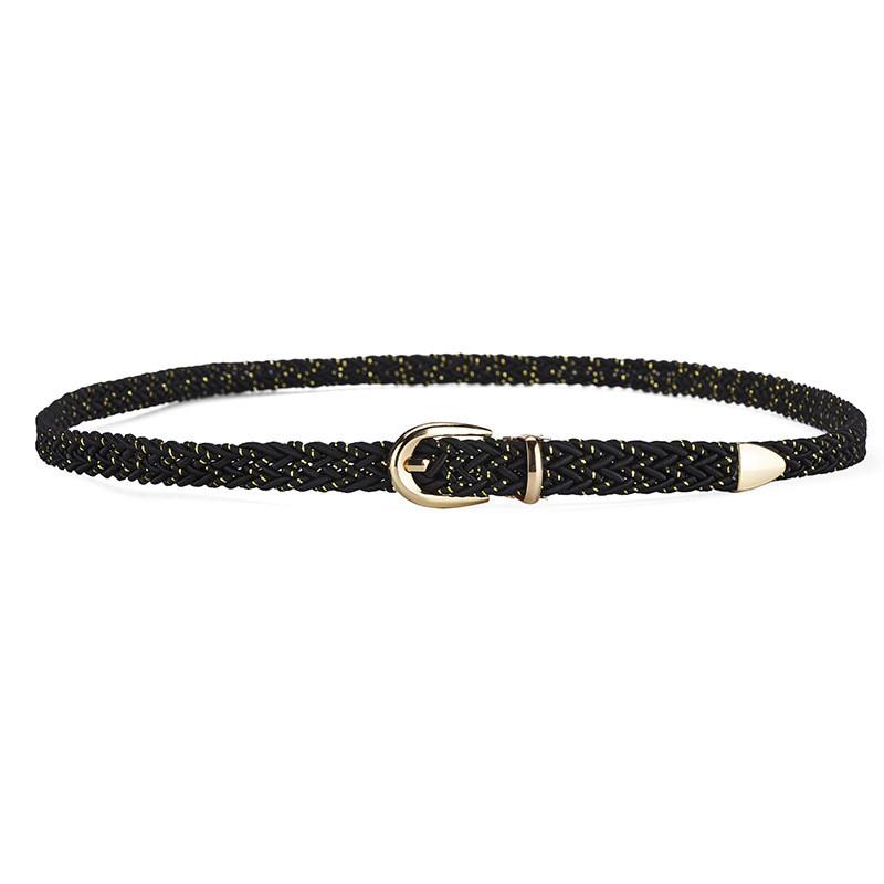 Womens Elegant Slim Woven Belt With Decorative Gold Buckle For Stylish Dress And Shirt Outfit