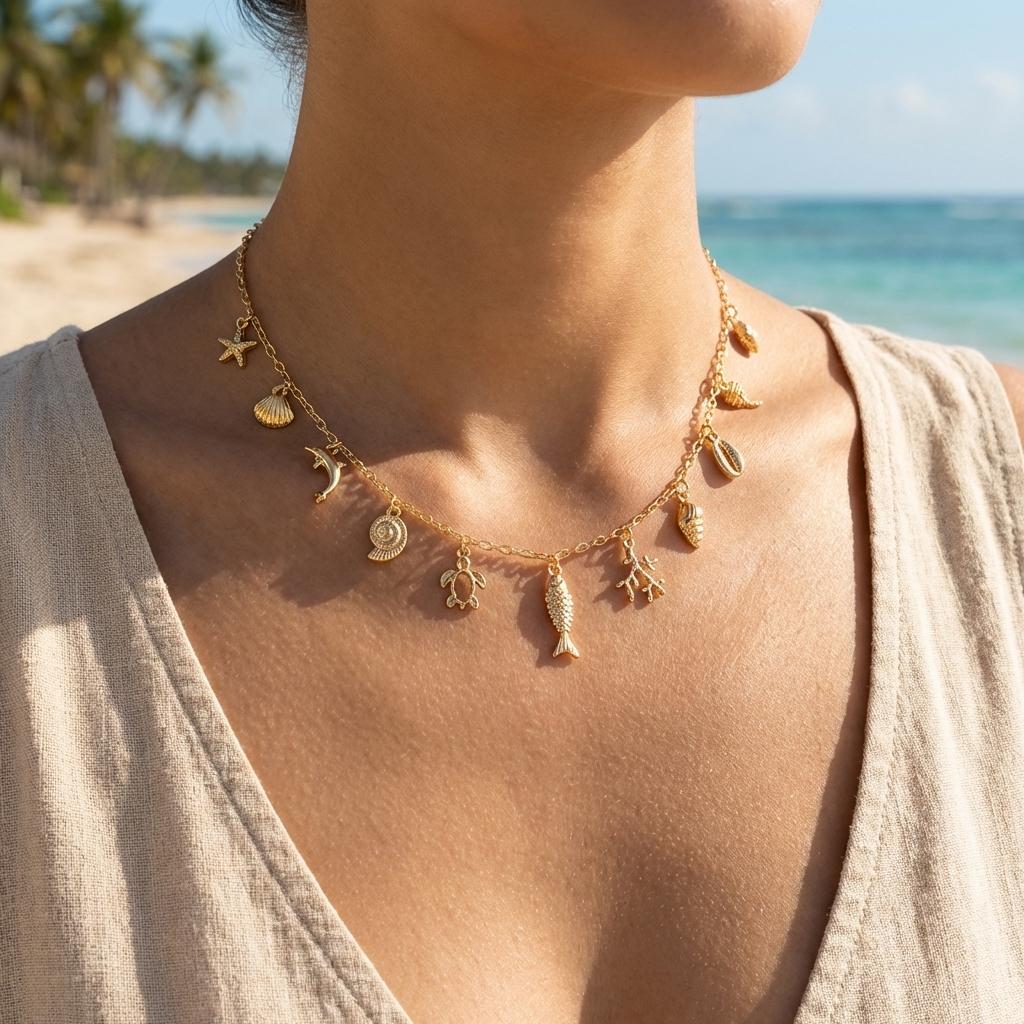 Boho Zircon Starfish Shell Conch Pendant Necklace for Women Seahorse Crab Pearl Metal Chain Choker Summer Beach Party Jewelry