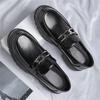 Mens Leather Metal Buckle Loafers Breathable Thick Soled Business Round Toe Leather Shoes Slip on Wedding Shoes Casual for Male