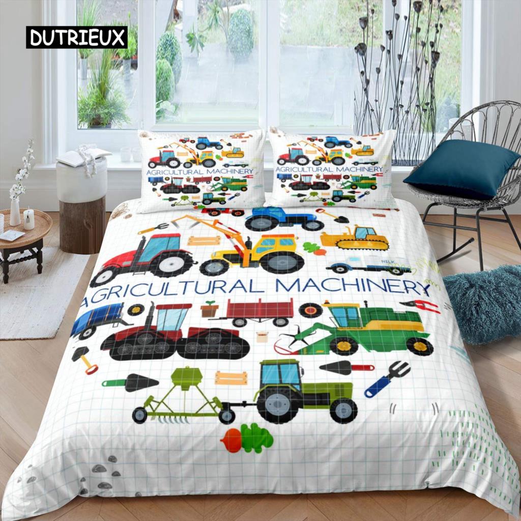 Excavator Duvet Cover Set Microfiber Tractor Truck Comforter Cover Twin Construction Vehicle Cartoon Bedding Set for Boys Teens
