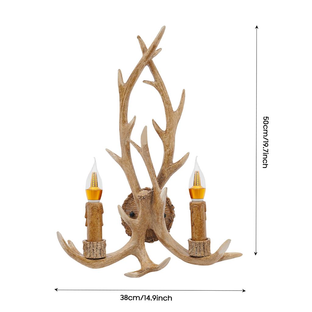 Antler Wall Lamp Vintage, Resin Iron Wall Light with 2 E14 Bulbs, Warm White LED for Living Room, Bedroom, Study