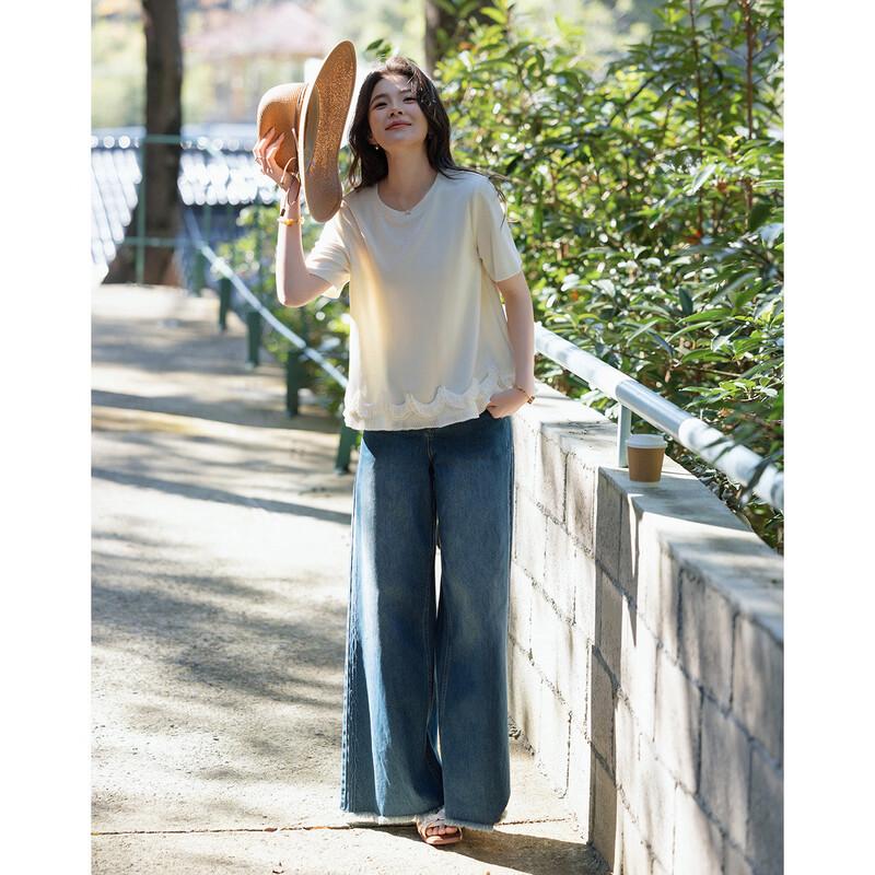 Women's Washed Air Layer Lace-Spliced Short Sleeve T-Shirt