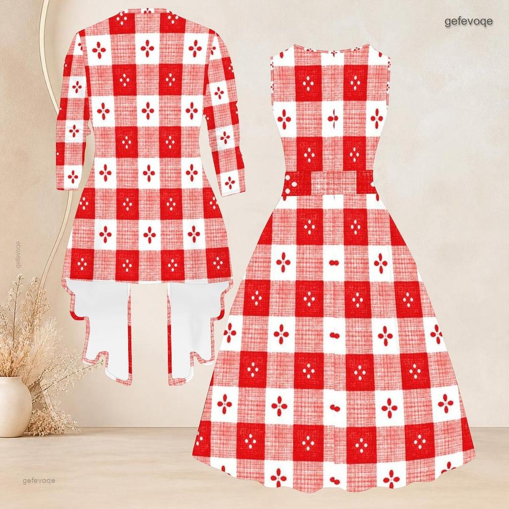 Women Plus Size Two Piece Set Geometric Printed 3 4 Sleeve Draped Cardigan Sleeveless Round Neck Tie Waist Flared Dress