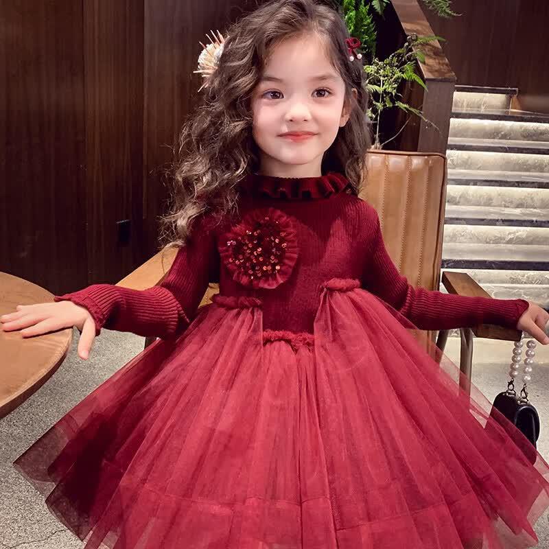 MIMIHELLO Girls  Winter Knitted Mesh Princess Dress 140cm