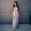 Women's Deep V Halter Rainbow Gradient Tulle Sleeveless Maxi Dress