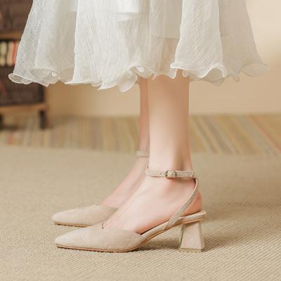 Soft Leather Medium Heel Pointed Head Spring and Summer Thick Heel Bag Head Single Shoes High Heel One-word Buckle Hollow Shallow Mouth Sandals Women