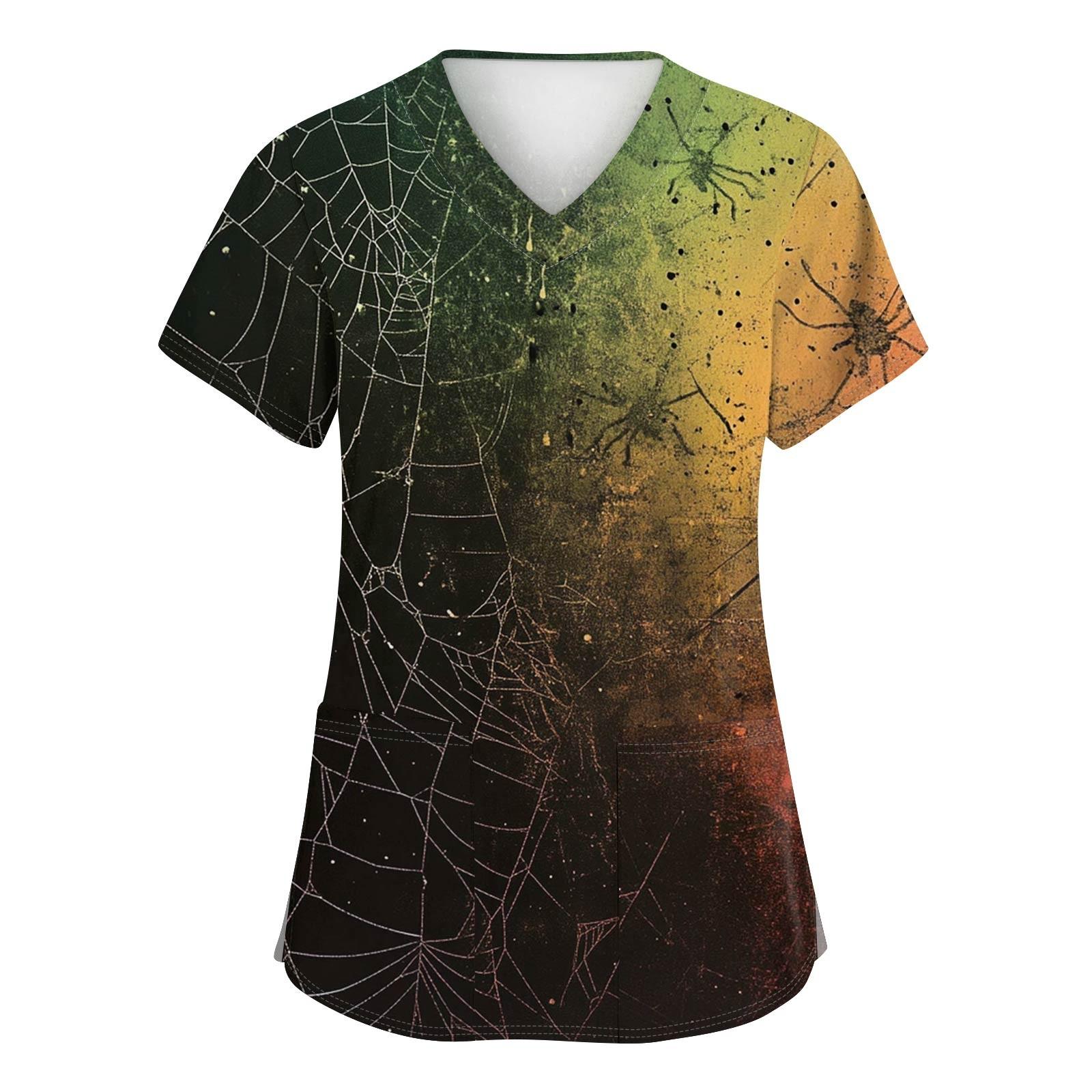 

Женская модная рабочая униформа с V-образным вырезом и короткими рукавами, с карманами, топ с принтом на Хэллоуин XXXL