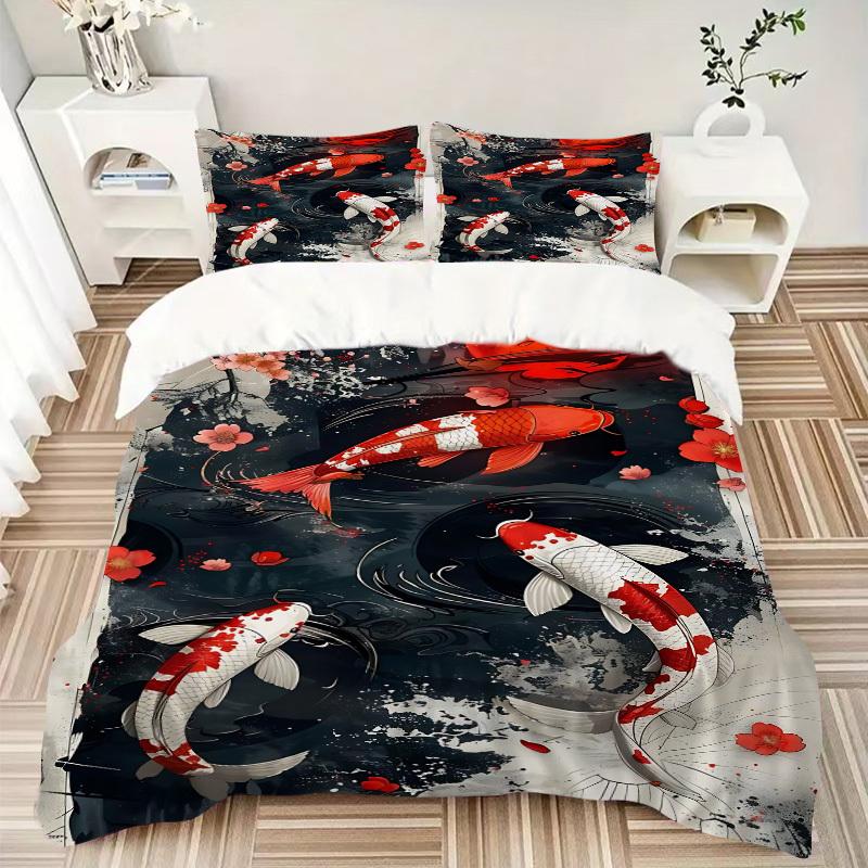 3pcs Koi Fish Sakura Blossom Duvet Cover Set, Cover For Bedroom Guest Room (1 Duvet Cover + 2 Pillowcase, Without Quilt),  Yy250922168