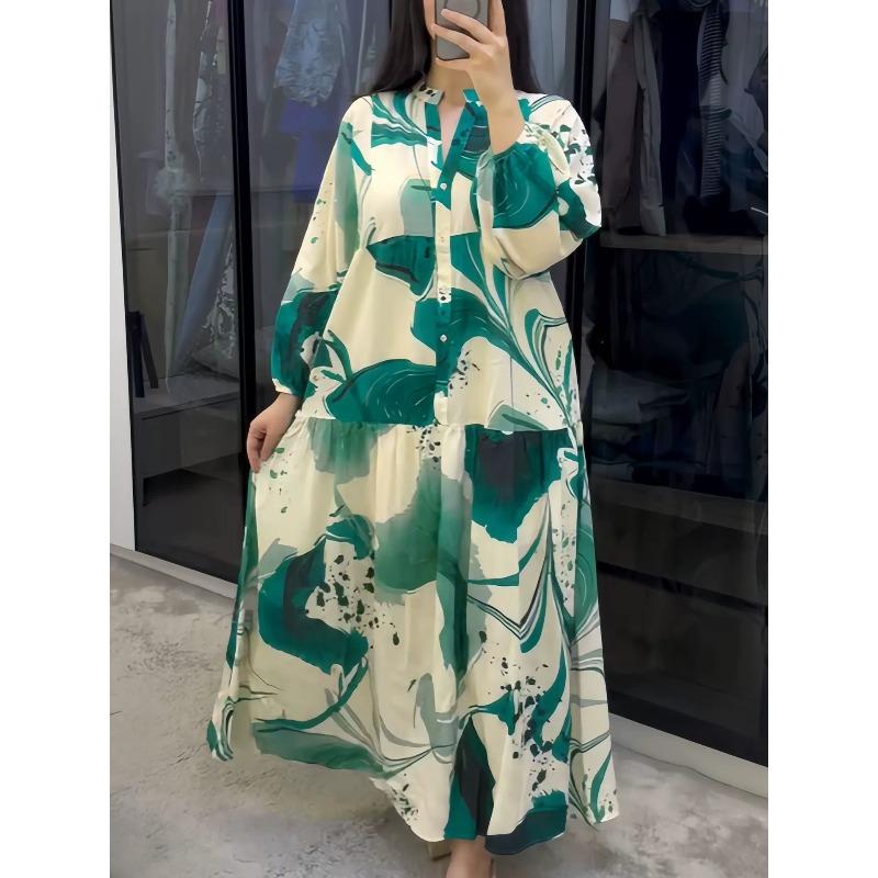 European and American new, printed dress loose casual long-sleeved temperament v-neck long dress women