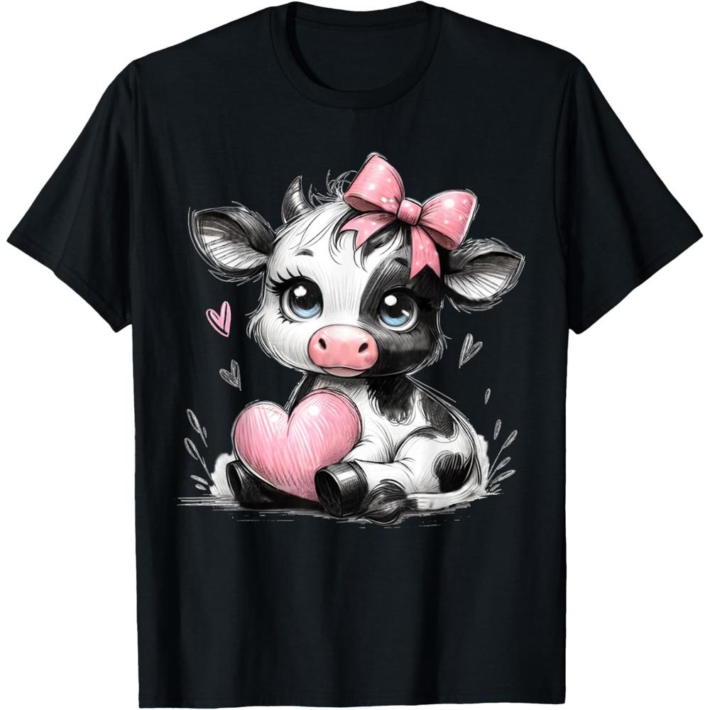 Awesome Black & White Cow Holding Heart Pink Coquette Bow T-Shirt XL чёрный
