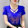 Haut Femme Sexy de Haute Qualité avec Design Croisé en V Débardeur Brillant Papillon Diamants Chauds Été Marque Féminine Élastique Slim T-shirts en Maille