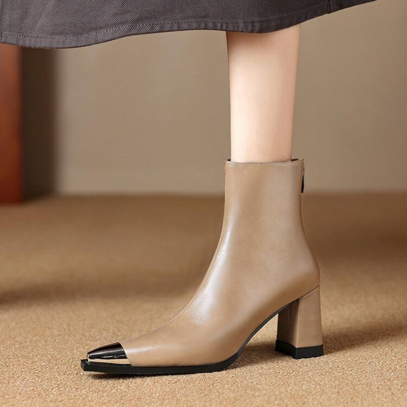 Fashion New Autumn Winter Genuine Leather Women Shoes Fashion Metal Square Toe Boots for Women Chunky Heels High Heels Boots Ankle Boots