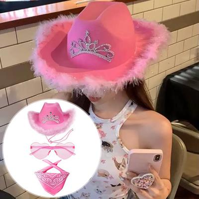 3 Adet/Takım Kovboy Şapka Seti Kadın Pembe Batı Keçe Kovboy Şapkası Bandana Gözlüklü