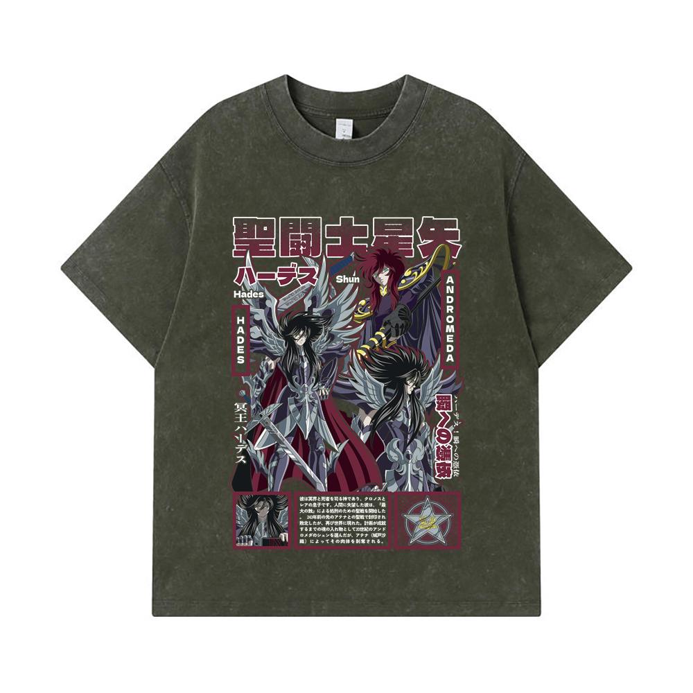 275 GSM Washed T-shirts 100% Cotton Saint Seiya V4 Hades Print Unisex Heavy Cotton T Shirt