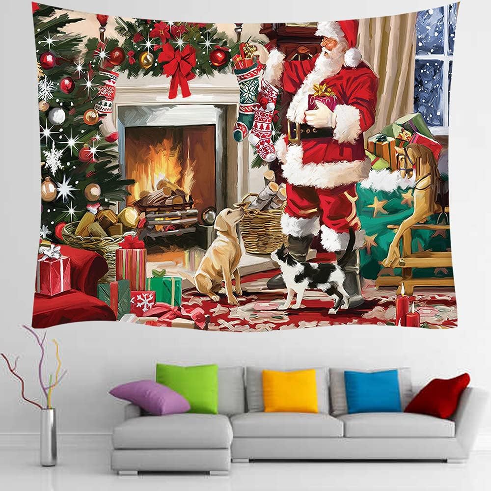 New Boss Christmas Santa Claus Fireplace Christmas Tree Tapestry Wall Hanging, Background Cloth Wall Decoration for Living Room,
