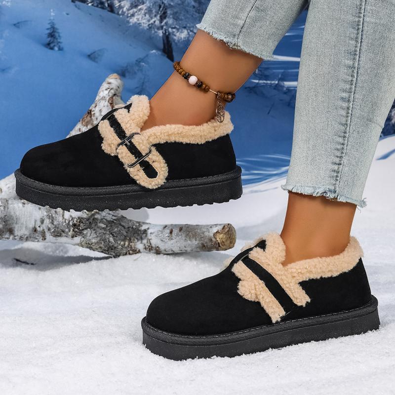 Soft Thick Bottom Furry Casual Shoes Women 2025 Winter Warm Short Plush Flats Shoes Metal Buckle Non Slip Snow Boots for Woman