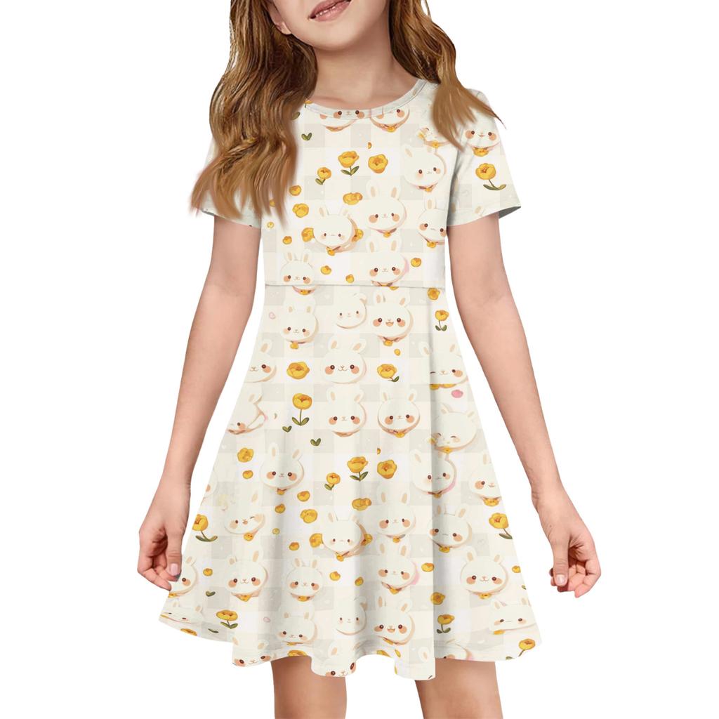 Robe d'été pour fille Couleur & Imprimé Manches Courtes Avec Poche Robe Décontractée Manches Courtes Robe de Soirée Jour de Pâques