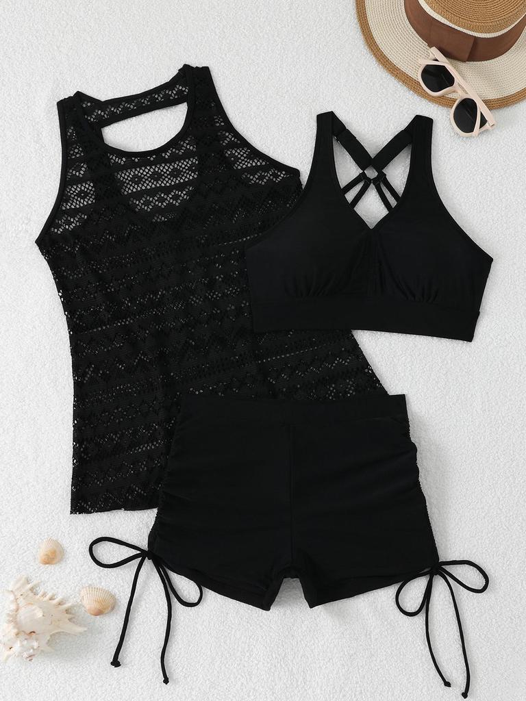 2026 Stylish Women's Swimwear Lace Mesh Tankini Bikini Set (3-Piece)