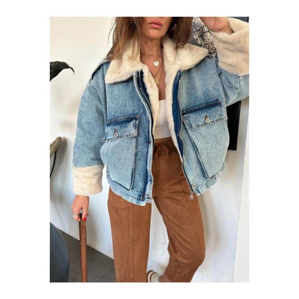 Women's White Fur Denim Jeans Jacket Coat