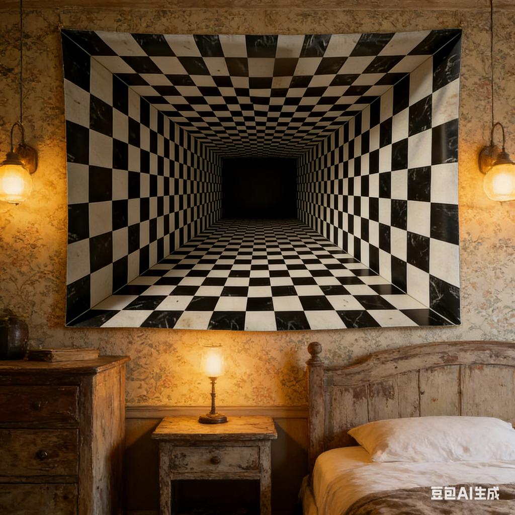 3D Checkered Tunnel Optical Illusion Tapestry Modern Geometric Wall Hanging for Living Room Bedroom Decor