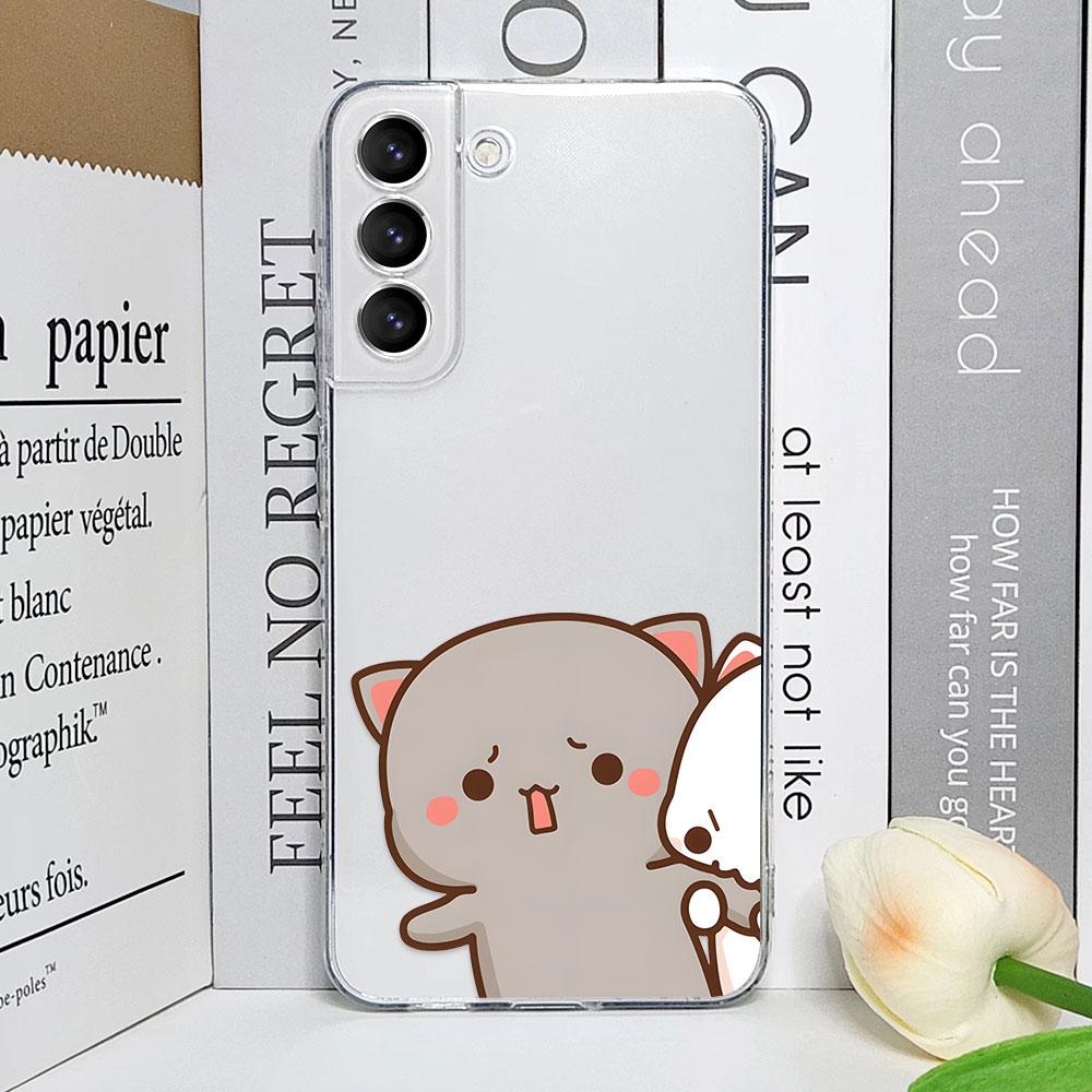 Cute Cartoon Cat Couple Phone Case for Samsung Galaxy S23 FE S22 Plus S21 S24 S25 Ultra Transparent Soft Cover Lover Pairs Funda