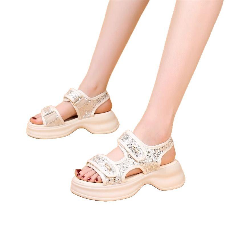 2025 Summer Sports Sandals Women's New Heightening Small Fragrant Wind Velcro Sweet Sequins Casual Platform Beach Shoes
