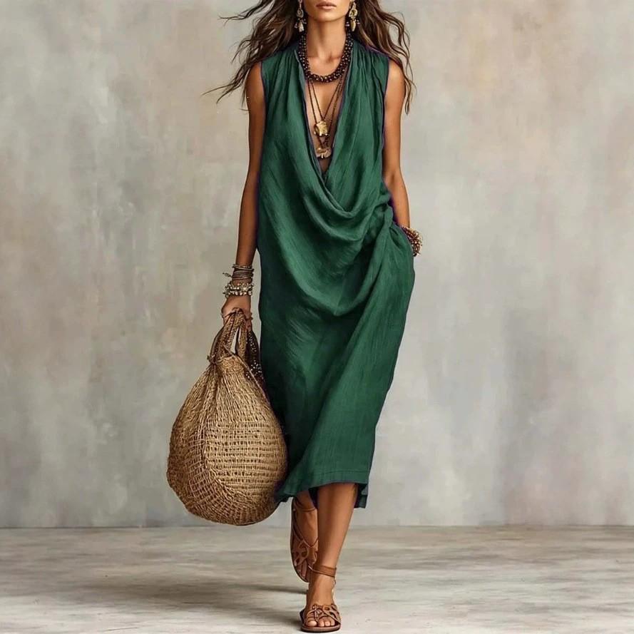 2026 European-American Women's Casual Loose Cotton Linen Swing Neck Dress