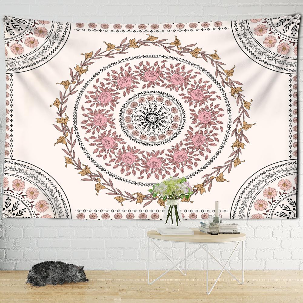 Tapiserie cu mandala cu flori roz, agățat pe perete, boemă, hippie, estetică, artă pentru cameră, decor acasă, pânză de fundal