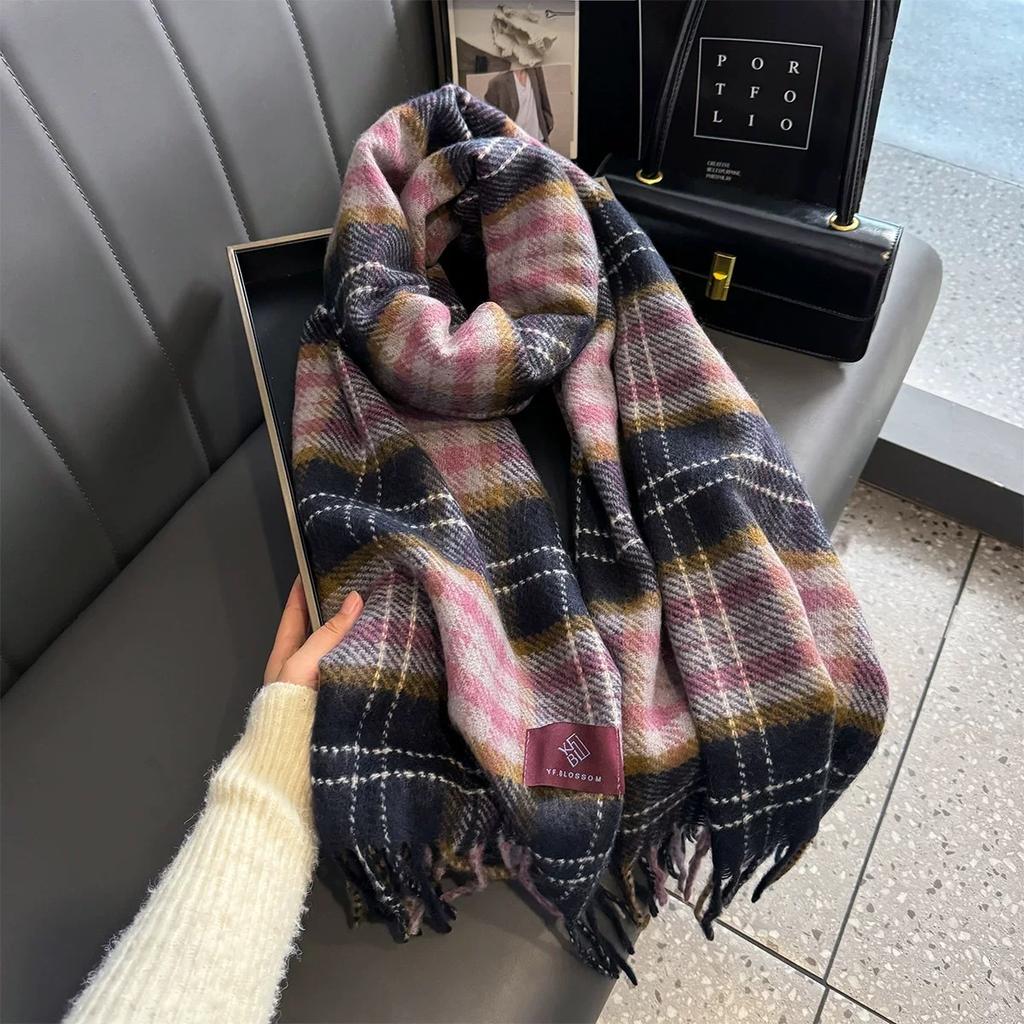 Autumn and Winter Scarf Women's Winter Double sided Plaid High End Tassel Thickened Warm Plum Sauce Purple Scarf