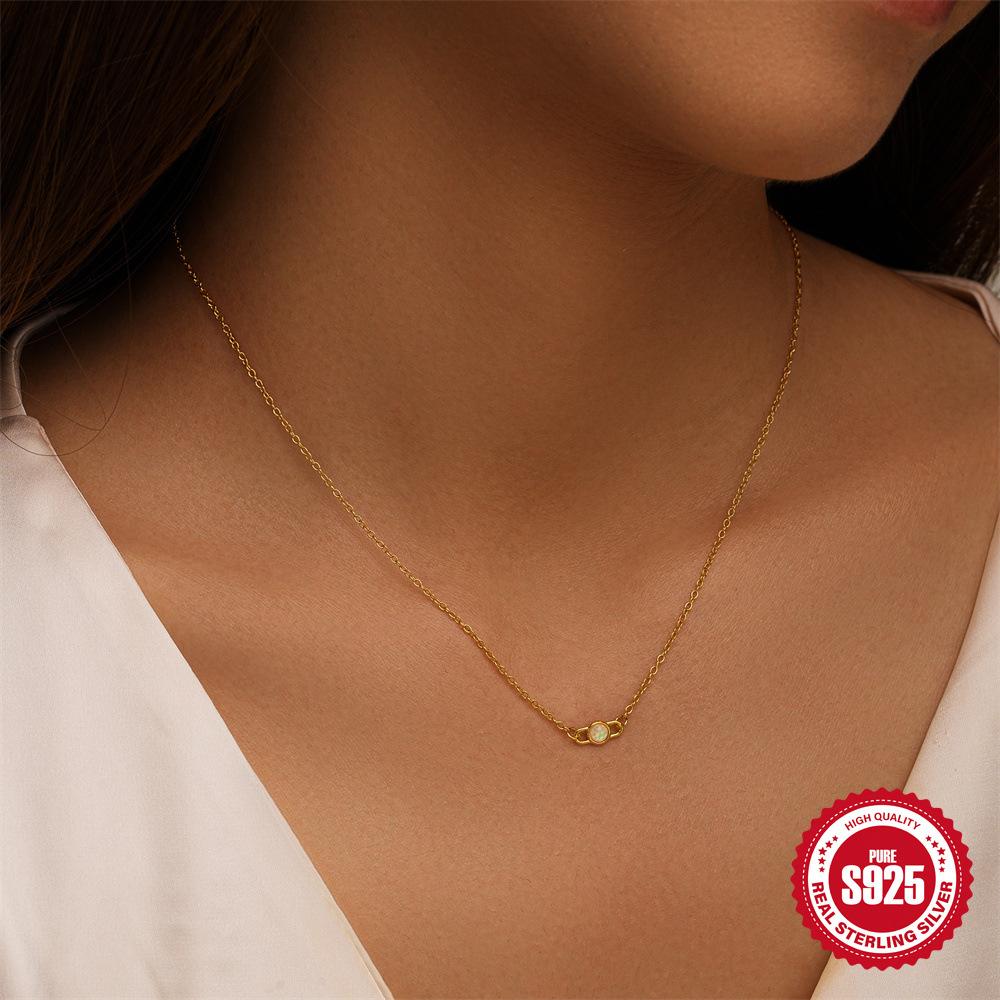 S925 Sterling Silver Paperclip Necklace Women'S Round Opal Round Strong Light Neck Chain Casual Daily