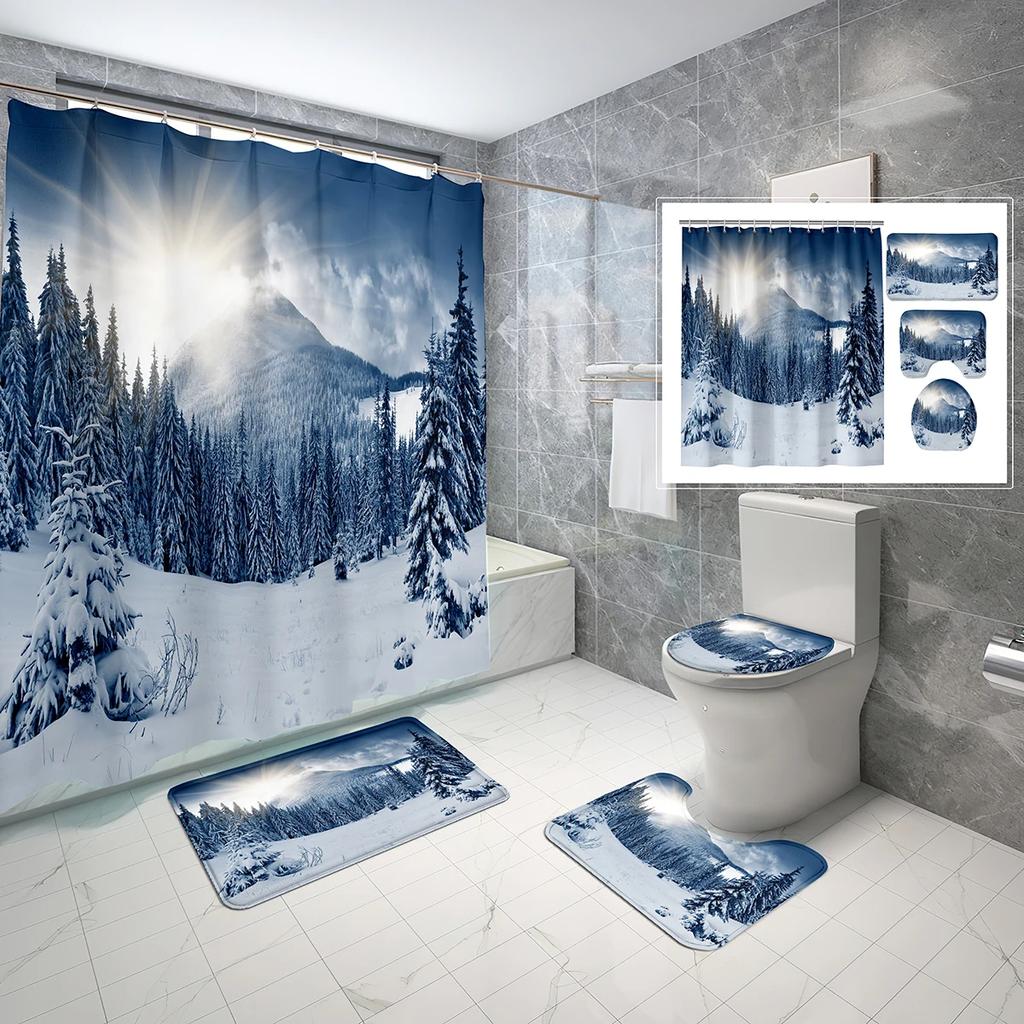 Schneeberg Duschvorhang-Set Schöne Naturlandschaft Duschvorhang Rutschfeste Badematte Toilettendeckelbezug Für Badezimmerdekoration