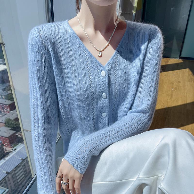 

Женский кашемировый свитер с V-образным вырезом: Весенне-осенний ажурный кардиган с вязаным узором S (85-100 lbs) небесно-голубой