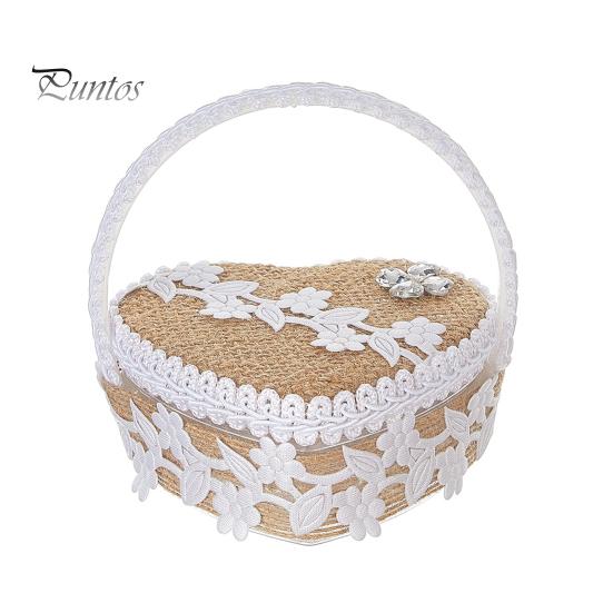 Tragbare Ringbox in Herzform, Spitzendekor, Eheringkissen, Innenteil aus weichem Schaumstoff, Ringkorb mit Tragegriff