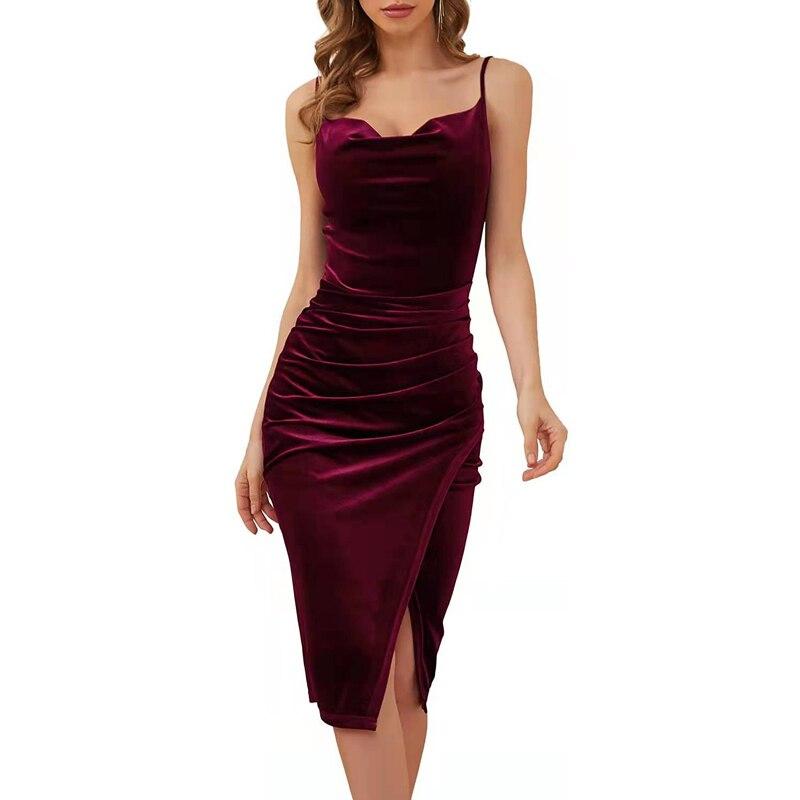 

Sexy Pleated Velvet Slip Dress Women 2026 Sleeveless Bodycon Summer Party Evening Dress Y2k Lady Elegant Split Sundress 24950 XXXL кларет