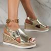 Fashion Silver Wedge Sandals Leather Summer Shoes High Heel Buckle Platform Sandals Woman Outdoor Thick Sole Women Sandals Peep Toe 2025