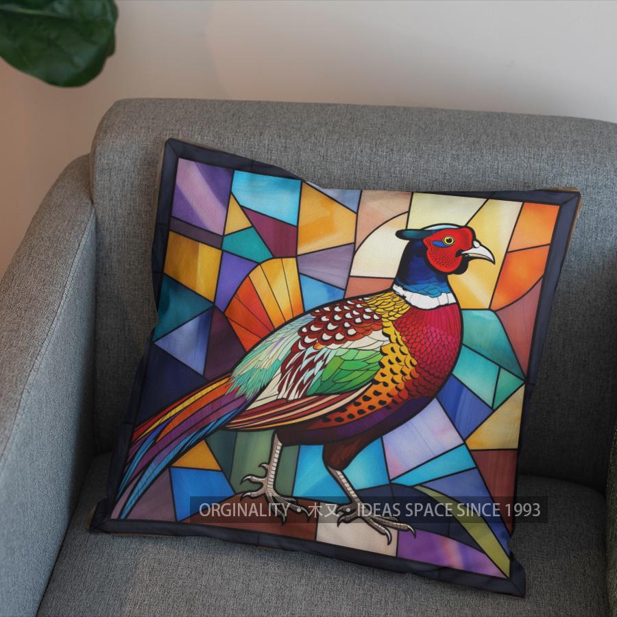 2D Colorful Stained Glass Pheasant-Patterned Pillowcase Pattern Cushion Cover Suitable For Sofa Bedroom Car Pillow Cover