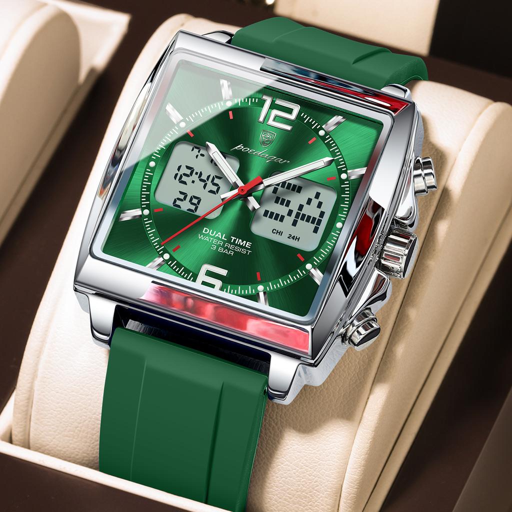 POEDAGAR Square Electronic Man Clock LED Alarm Chronograph Quartz Sport Men Watch Week Date Fashion Military Men's Watches Reloj
