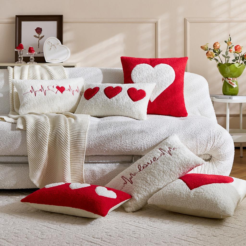 1-4PCS Heart Embroidery Pillow Cover Valentine‘s Day Love Pillowcase Cushion Case Round Floral Decor for Sofa Bed Wedding Gift