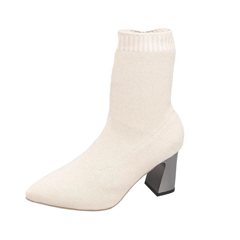 Fashion Pointed Toe High Heel Women Fall Winter 2025 New Knitted Sock Boots Block Heel Mid-Tube Stretch Boots Booties