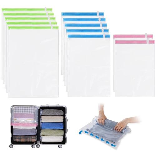 Hoxhyon Travel Clothing Compression Bags, 12-Count, Compresses Clothes Up To 80% - Vacuum-Resistant for Clothes, Down Jackets, Outerwear, Blankets, an