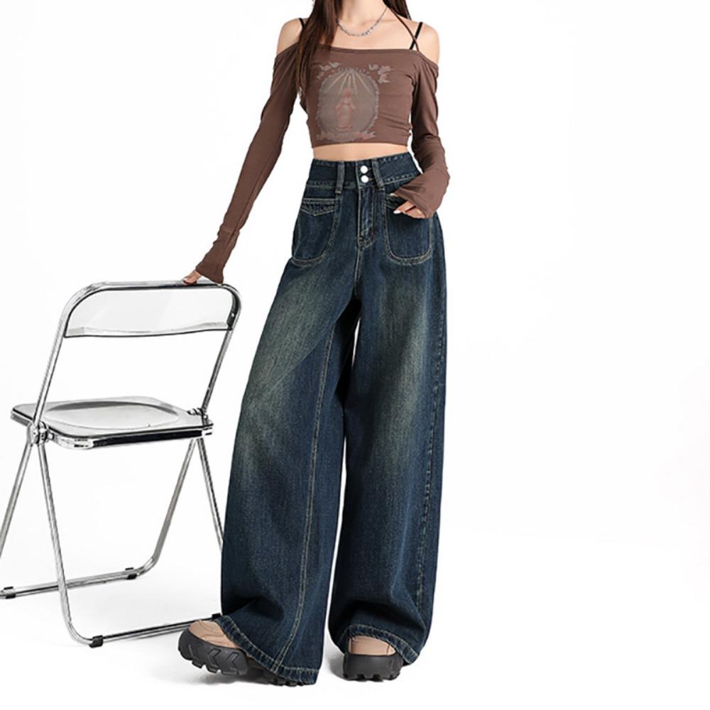 

Уличный стиль, трендовые драпированные джинсы с высокой талией и двойной пряжкой, женские простые и универсальные джинсы-швабры с широкими штанинами, тренд 2XL