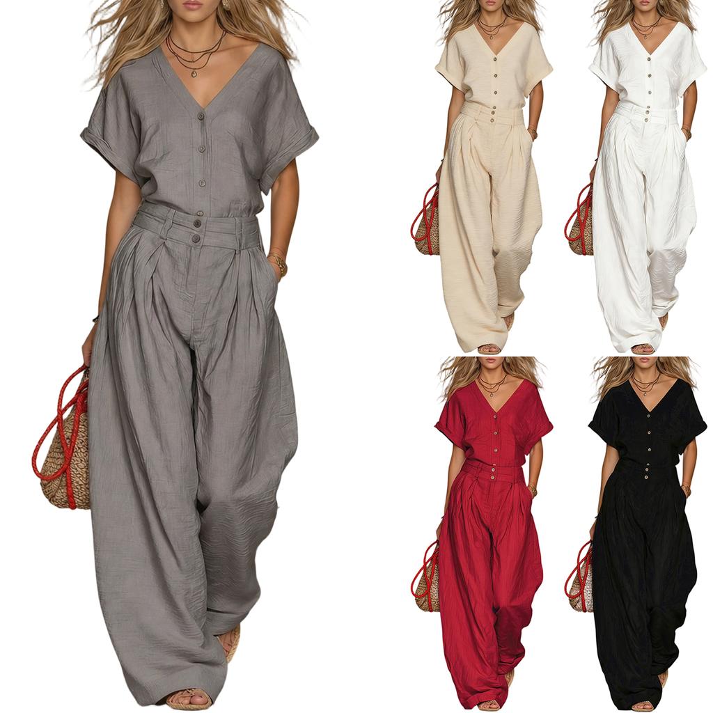 Damen V-Ausschnitt Kurzarm Knopfleiste Oberteil mit Weitbein Hosen Set Lässiges Zweiteiler Outfit Sommer Lockerer Schnitt