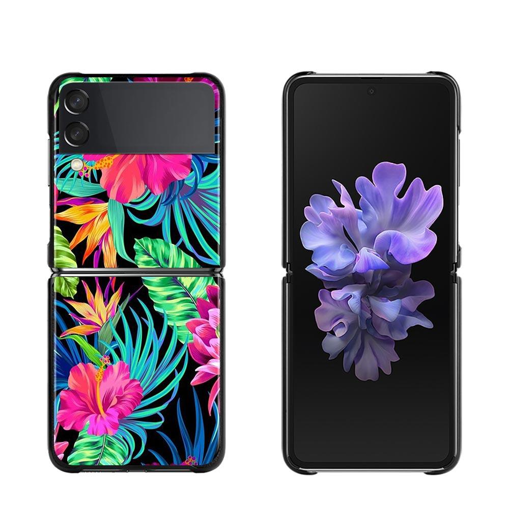 Phone Case For Samsung Galaxy Z Flip3 5g Back Pc Case For Samsung Z Flip Capa Black Shell Hard Fundas Vintage Banana Leaf Flower