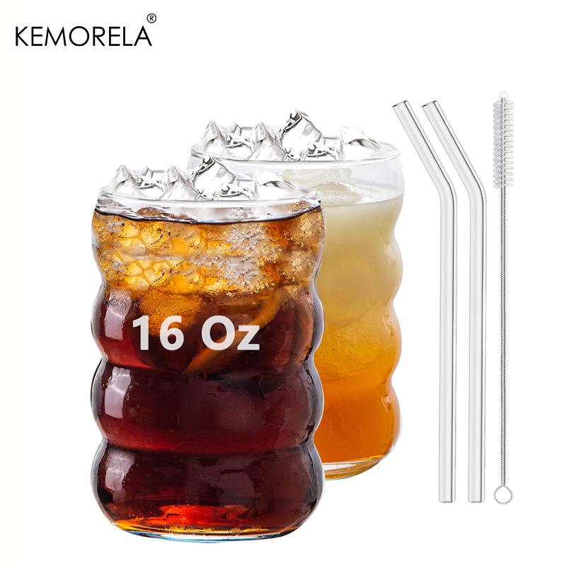 16OZ Drinking Glasses With Glass Straw Made Of Soda Lime Glass 4pcs Set 350ML Shaped Glass Cups Iced Coffee Glasses Tumbler Cup 301-400ml